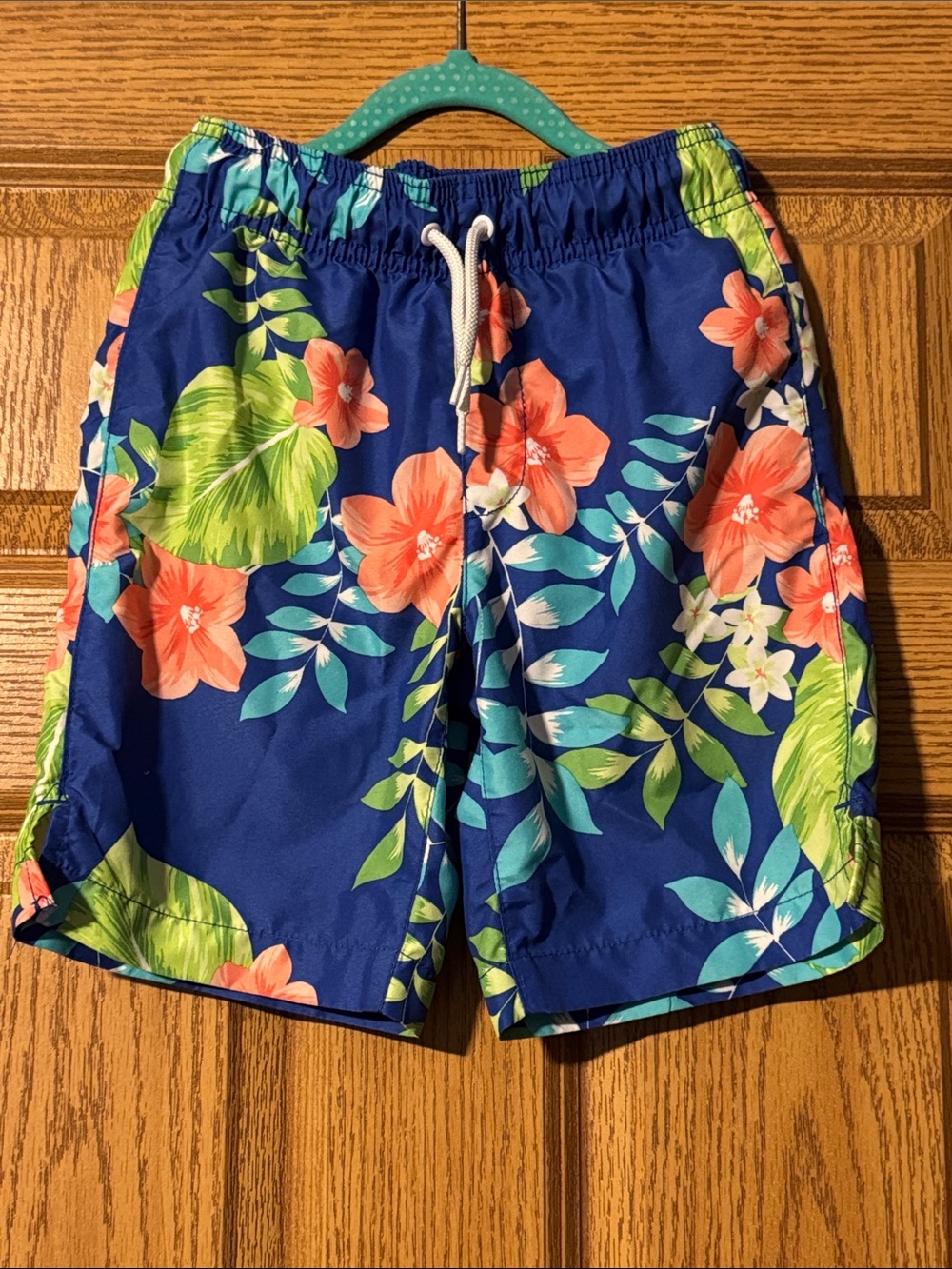 Boys' Tropical Floral Swim Trunks - Blue with Coral Flowers
